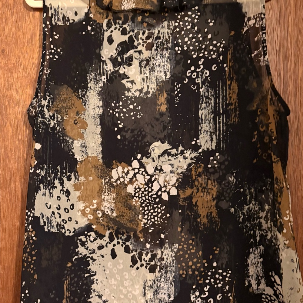 CAbi Navy, Cream & Gold Abstract Tie-Neck Top